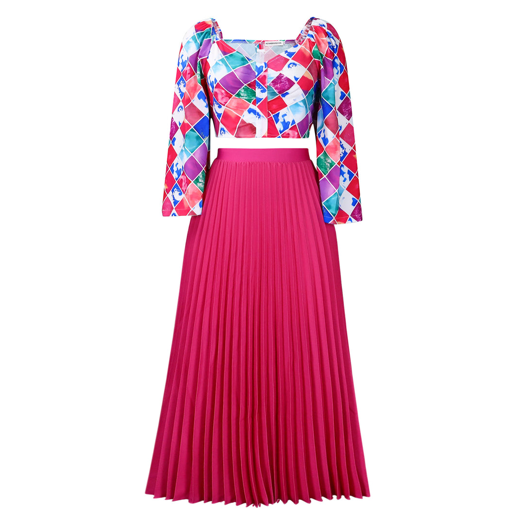 Pleated combined dress for ladies with a colorful top and a flared skirt Lune London