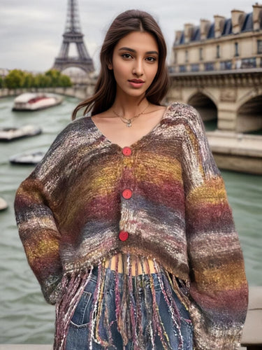 Short knitted jacket for women with striking fringed design Lune London