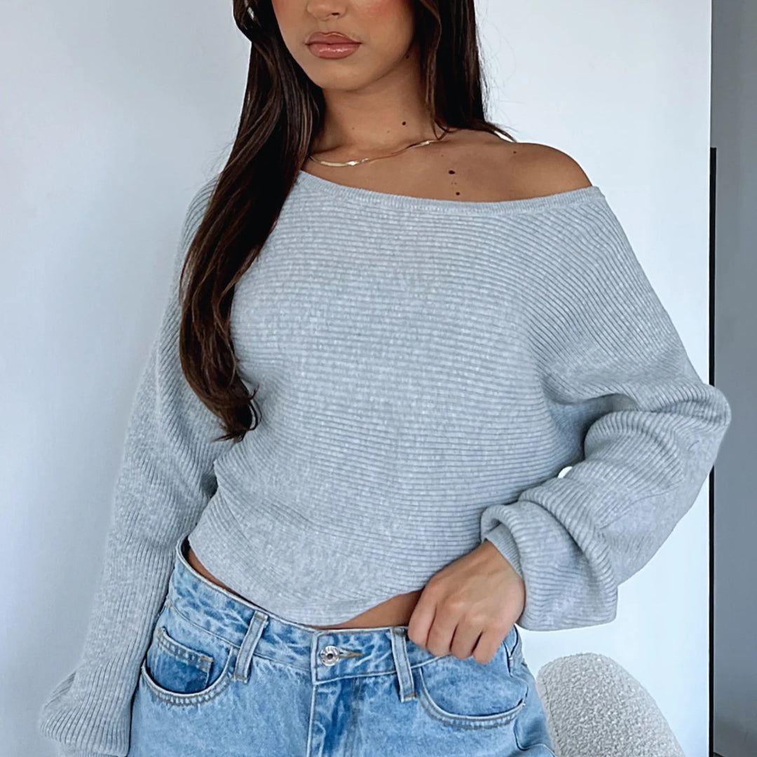 Women's Casual Crop Sweater with Asymmetrical Neckline and Ribbed Texture Lune London