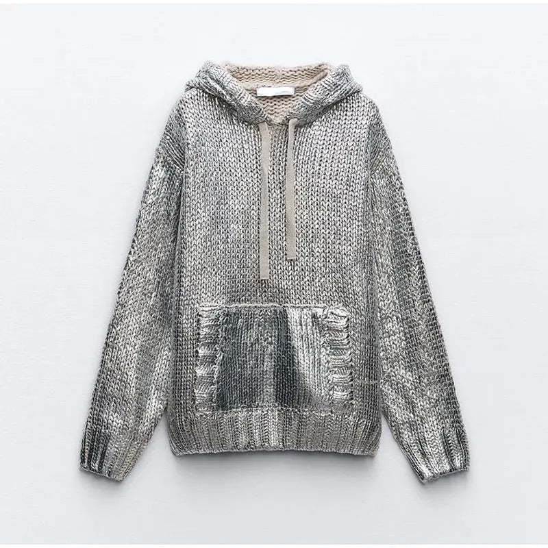 Sparkling knitted sweater for women with hood and practical kangaroo pocket Lune London
