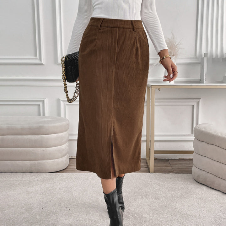Lune London women's ribbed midi skirt with front slit