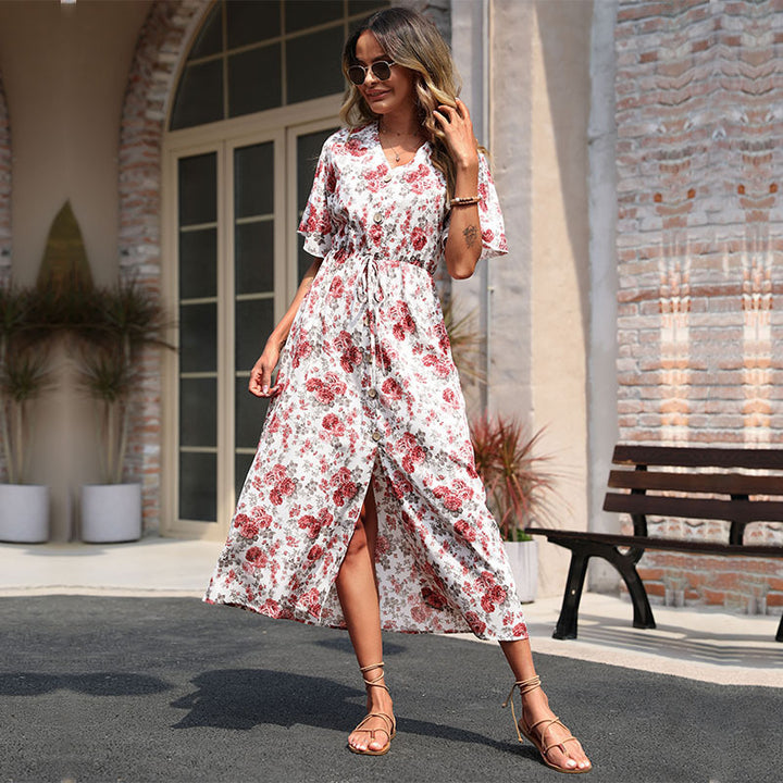 Maxi dress with floral print for women with side slit and tie belt Lune London