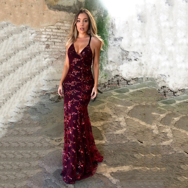 Women’s Glamorous Long Evening Dress with Sequins & V-Neck | Lune London