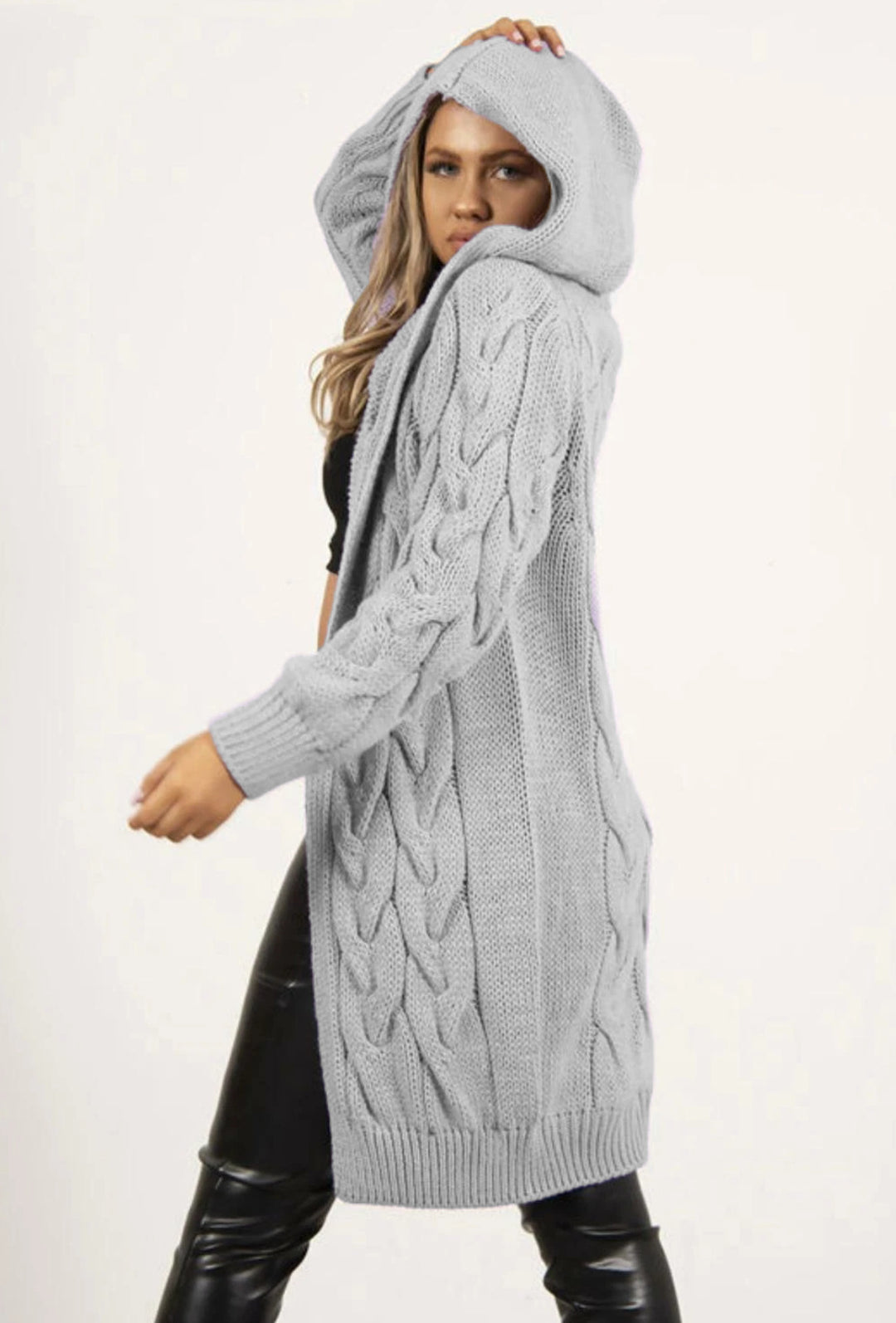 Knit coat for women with hood and elaborate braid pattern structure Lune London