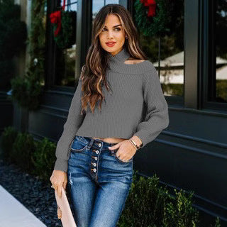 Women short modest sweater with neckline design and ribbed structure Lune London