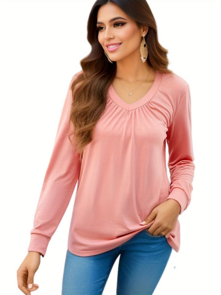 Woman long sleeve V-neck t-shirt with elegant draping and a relaxed fit Lune London