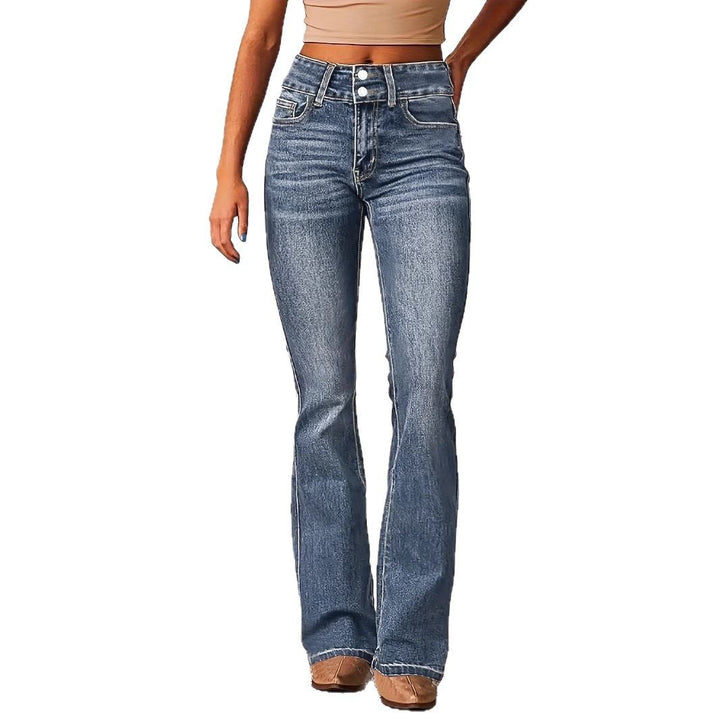Women's High Waist Flared Jeans with Decorative Button Details and Figure-Flattering Cut