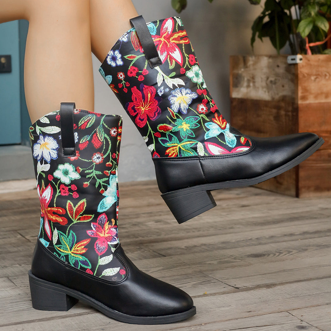 Women's cowboy boots with embroidered floral pattern and comfortable block heel Lune London