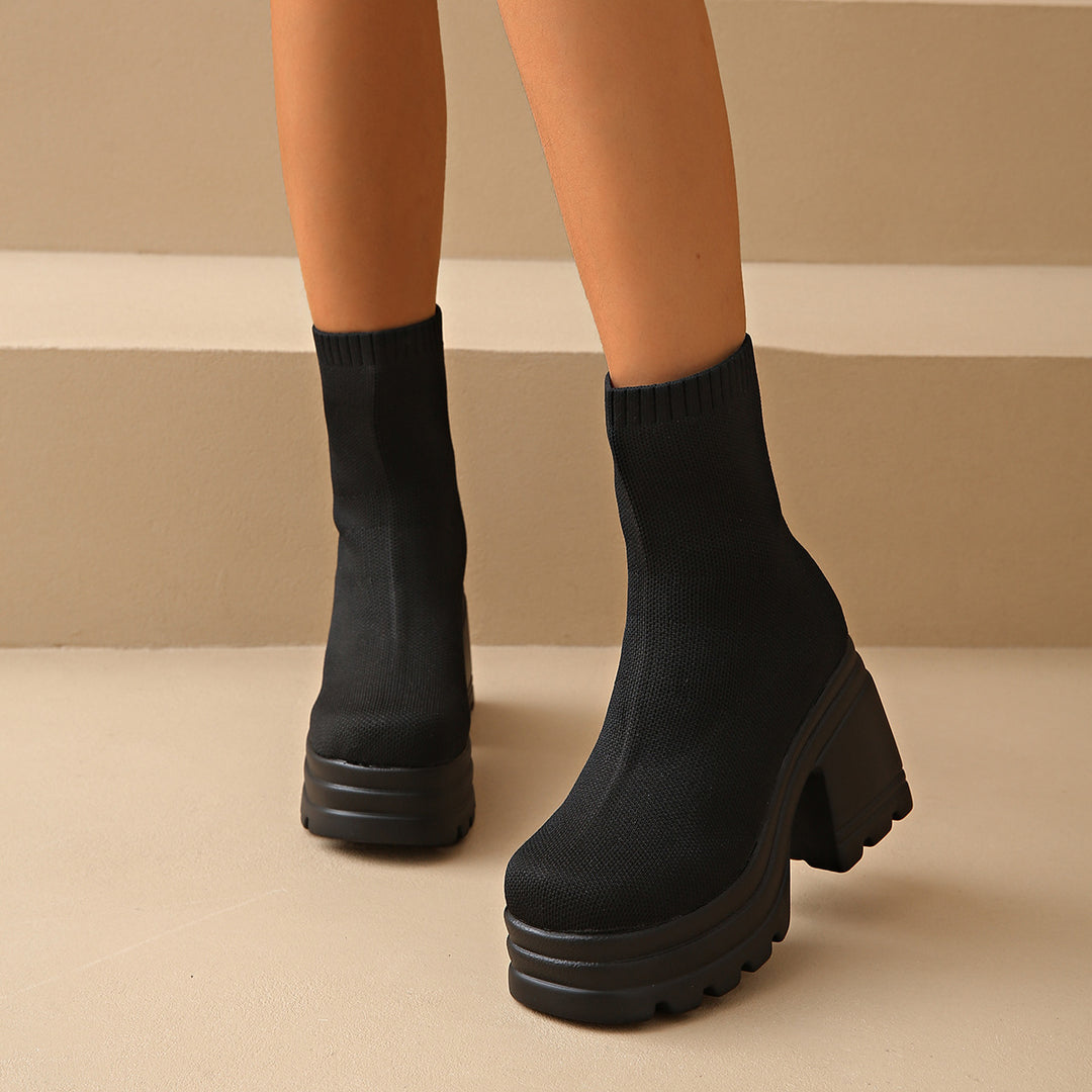 Chunky high heel boots for women with flexible knit design Lune London