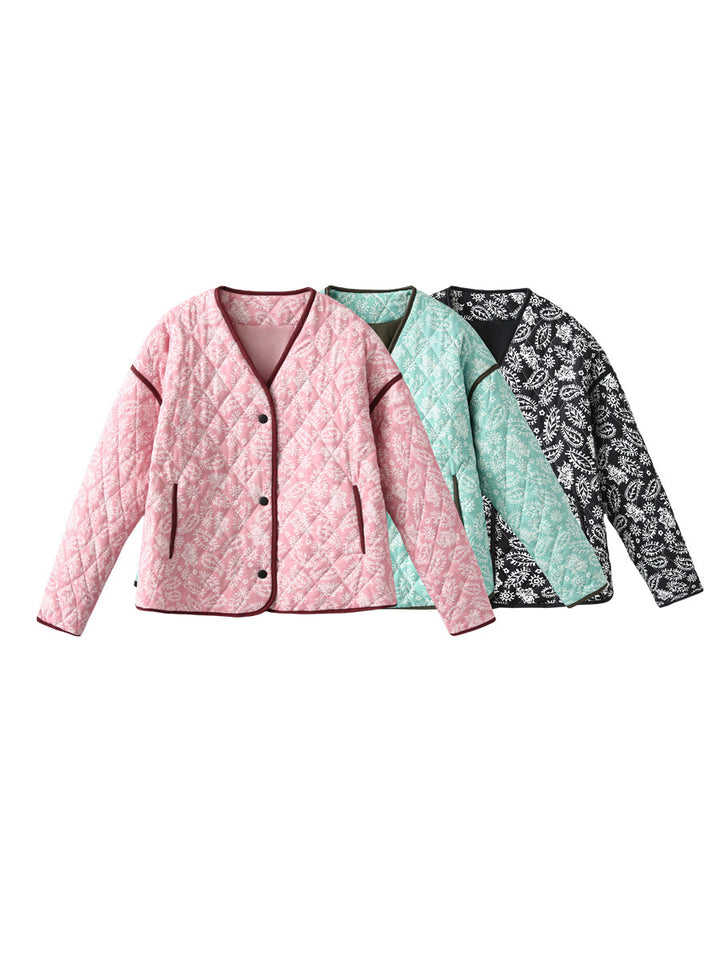 Quilted fall jacket for women with a unique floral pattern and practical pockets Lune London