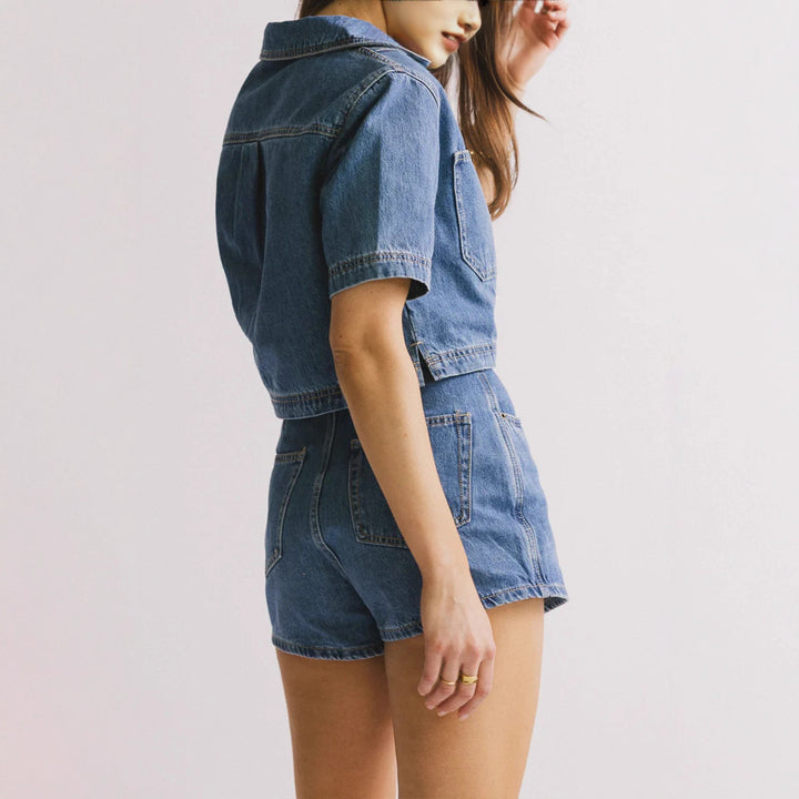 Women's Casual Denim Short Jacket Set with Matching Skirt Lune London