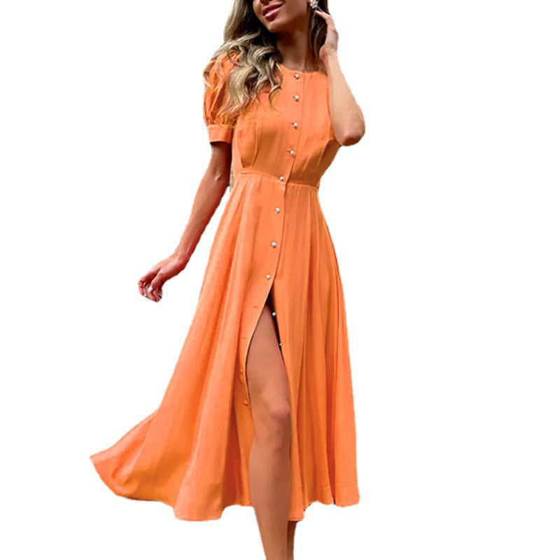 Maxi dress for women with button closure, puff sleeves and side slit Lune London