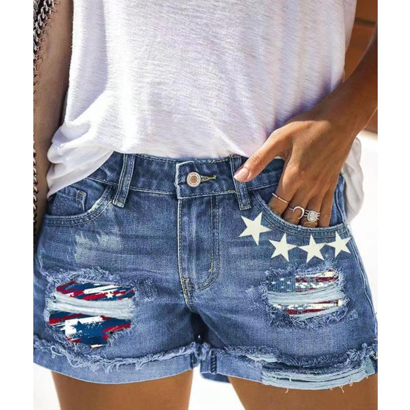 Ladies Stylish Destroyed Denim Shorts with Creative Patches Lune London