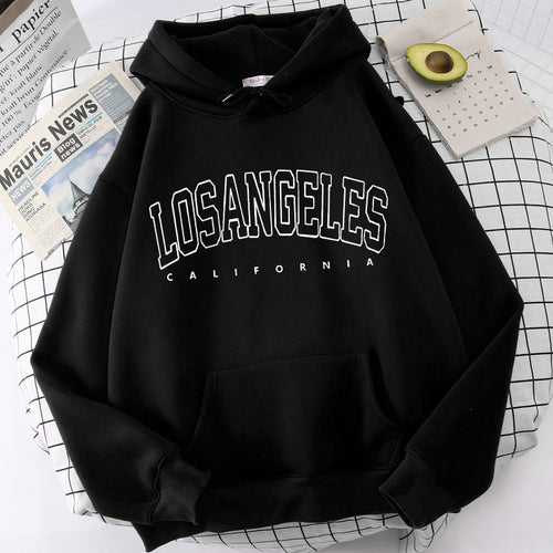 Women's hoodie with modern Los Angeles print and loose fit Lune London