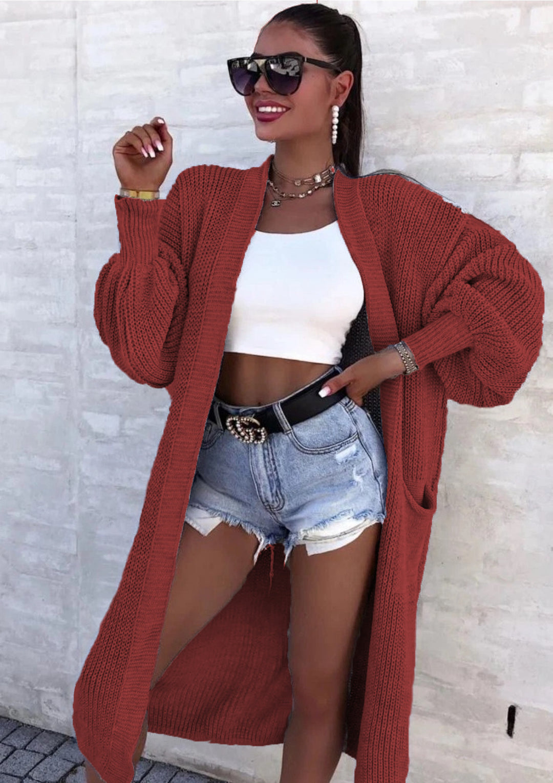 Manteau long en tricot pour femmes avec manches larges et poches Chic & Stil