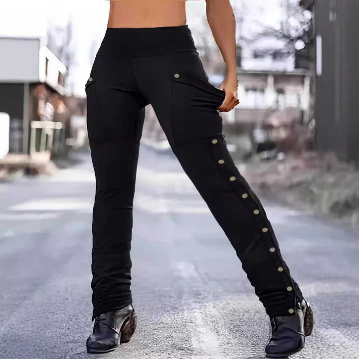Women Elegant performance pants with practical pockets and chic side button details