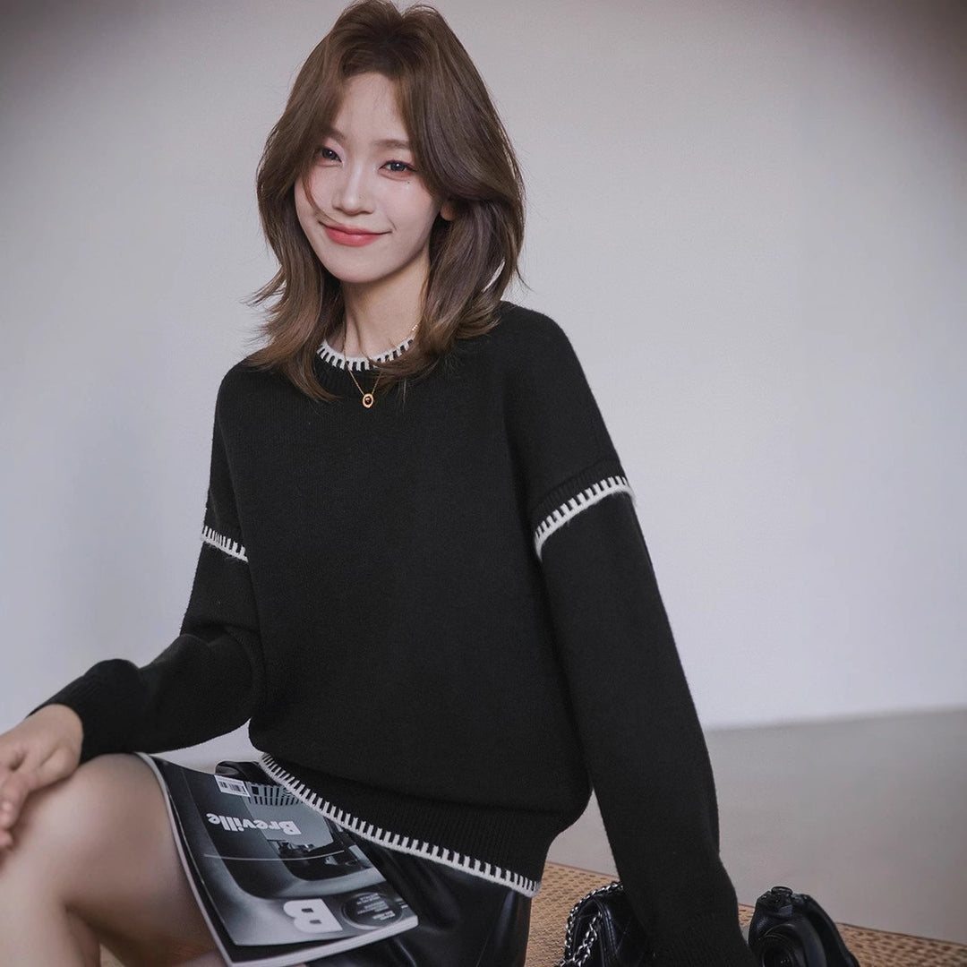Pull en tricot décontracté pour femmes avec ourlet contrasté et manches douces Chic & Stil