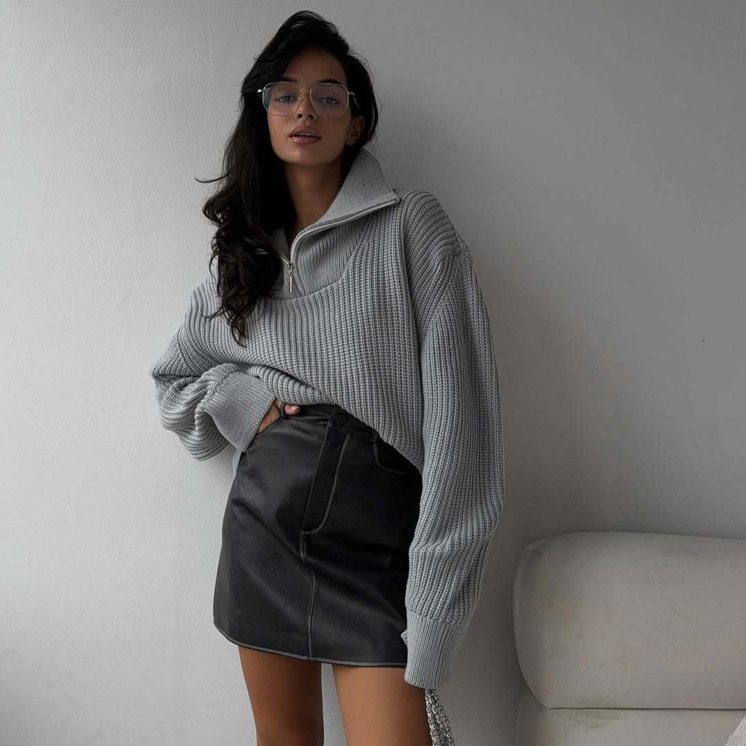 Oversized knit sweater for women with high collar and zipper Lune London