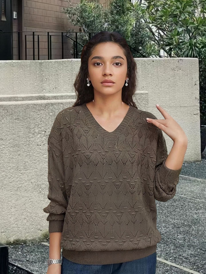 Knit sweater for women with V-neck and a delicate lace design Lune London