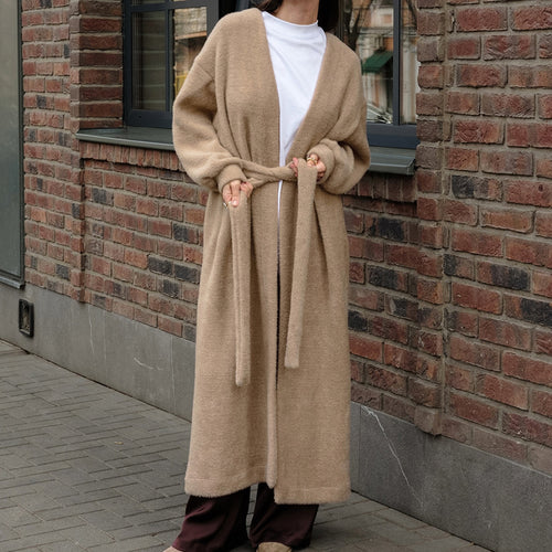 Soft knit coat for women with a tie belt and wide sleeves Lune London