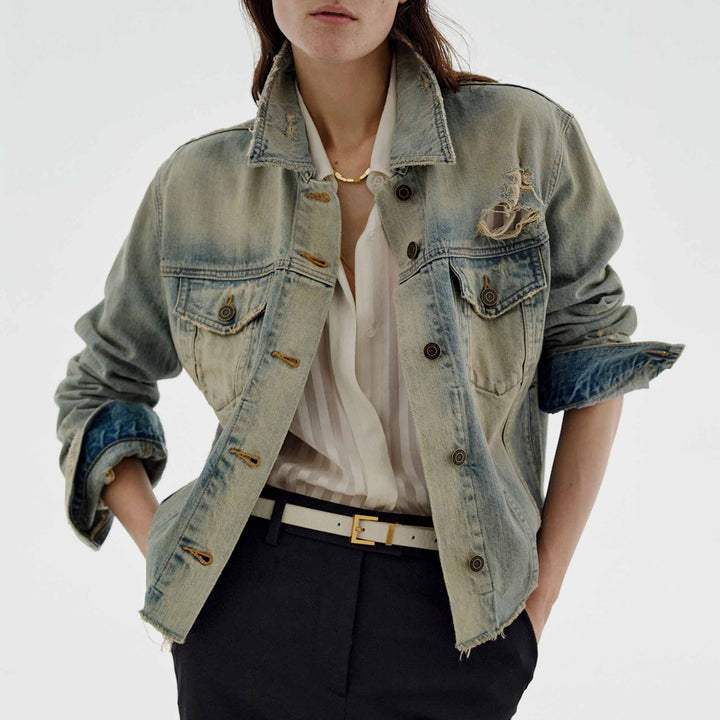 Women's fashionable denim jacket in vintage style with casual cut and frayed details Lune London