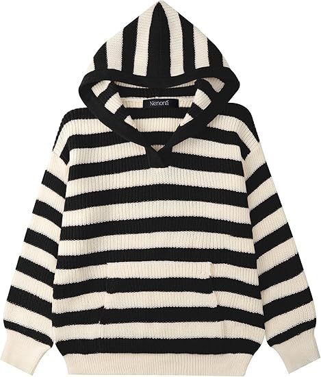 Ladies Comfortable Knitted Sweater with Hood and Striped Pattern Lune London