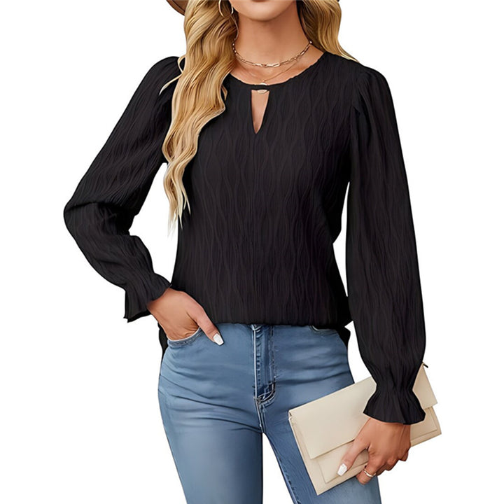 Ladies elegant long sleeve shirt in textured fabric with keyhole neckline Lune London