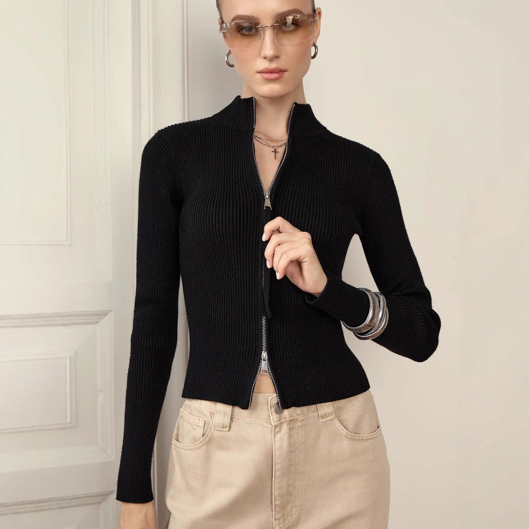 Knitted sweater for ladies with high collar and zipper Lune London
