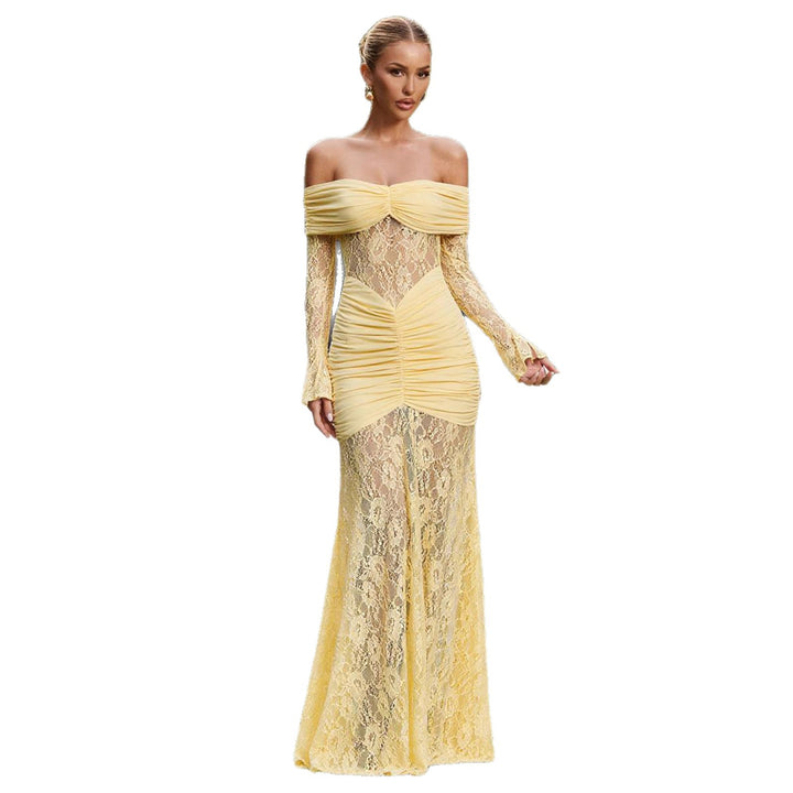 Elegant lace maxi dress for women with refined ruffle details and bare straps Chic & Stil