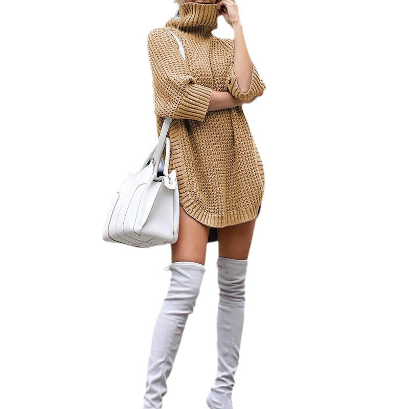 Knit dress for women with high collar and burgundy patterns Lune London