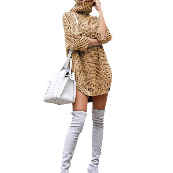 Knit dress for women with high collar and burgundy patterns Lune London