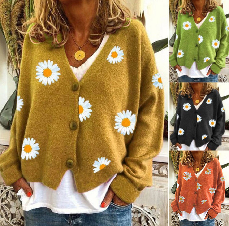 Knitted jacket for women with floral embroidery and V-neck Lune London