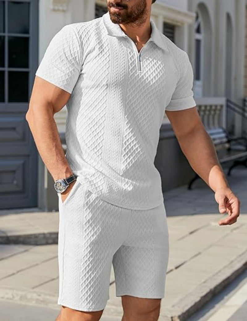 Trendy short polo shirt for men with imbued structure design and matching shorts Lune London