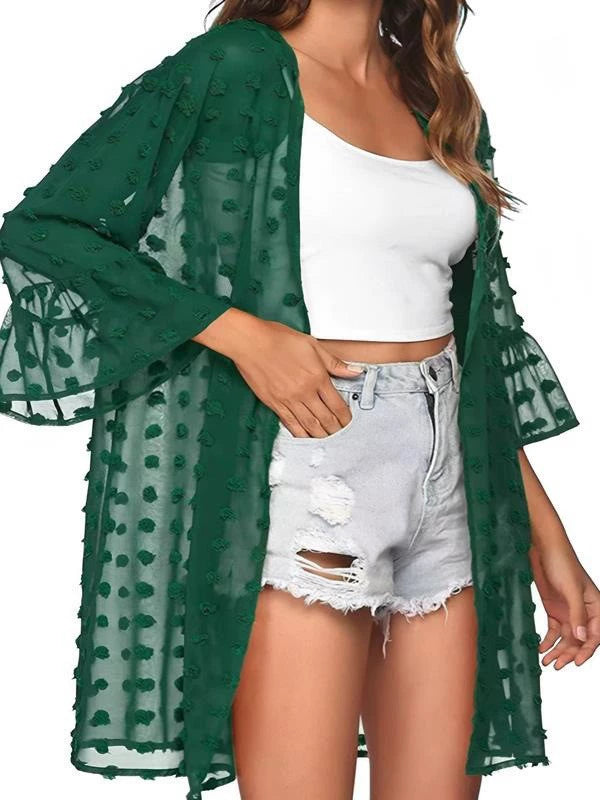 Lune London | Solid Color Thin Jacquard Cardigan with Short Sleeves