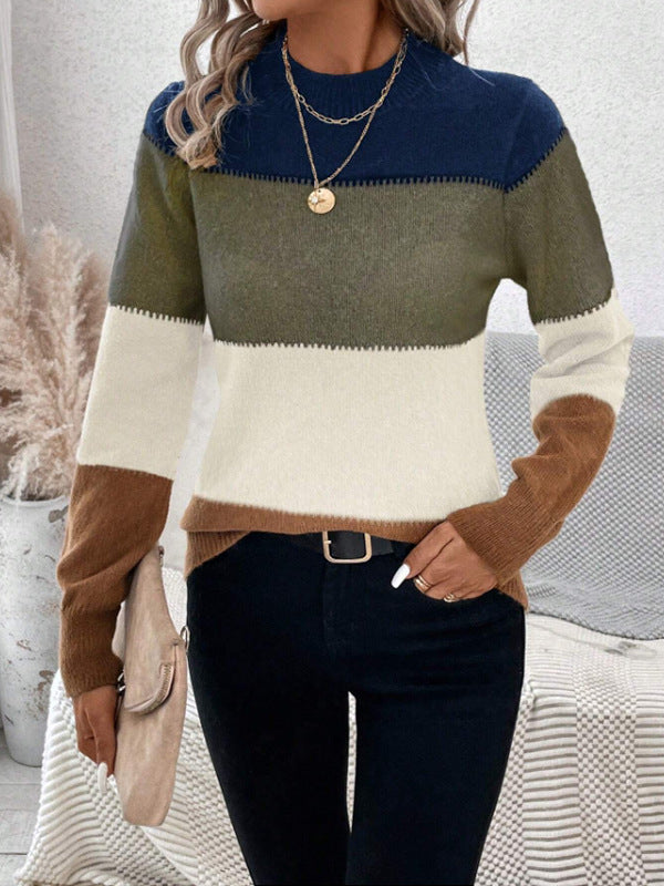 Lune London | Women's fashionable knitted sweater with trendy block stripes and standing collar