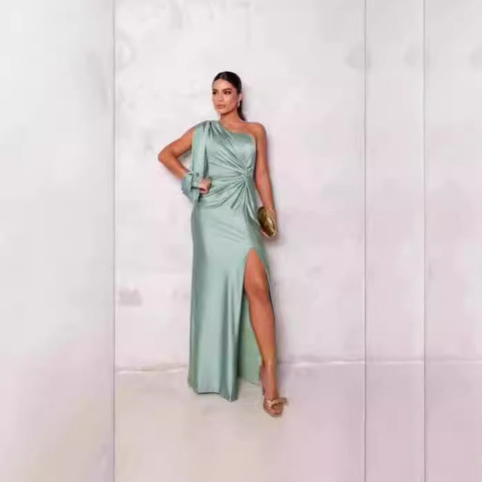 Women's Evening Dress with Asymmetric Neckline and Elegant Pleats Lune London