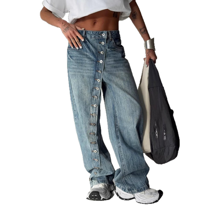 Jeans pour femmes à coupe large avec boutonnière continue Chic & Stil