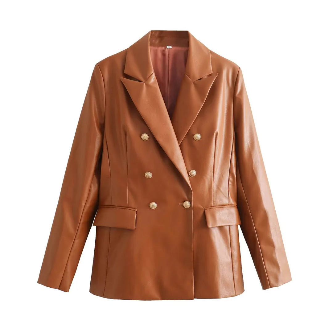 Elegant faux leather blazer jacket for women with double-breasted buttons and gold accents Lune London