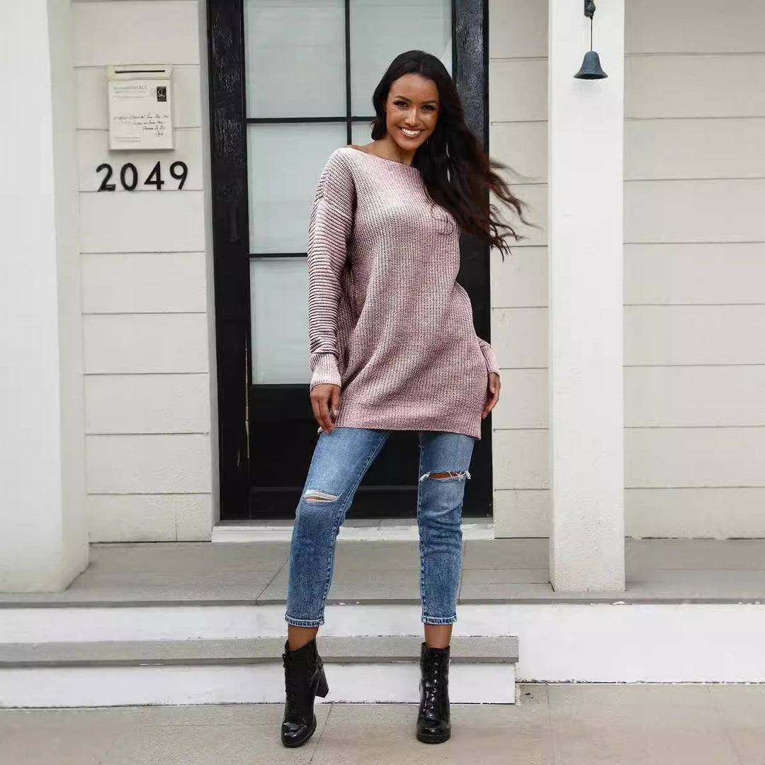 Casual knitted sweater for women with wide neckline and ribbed structure Lune London