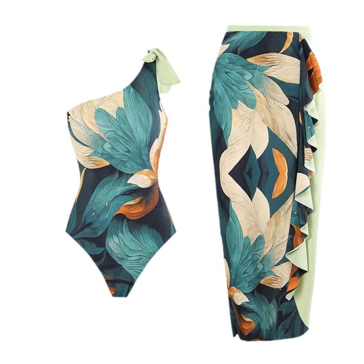 One-piece swimsuit for women with asymmetrical design and elegant wrap skirt Lune London