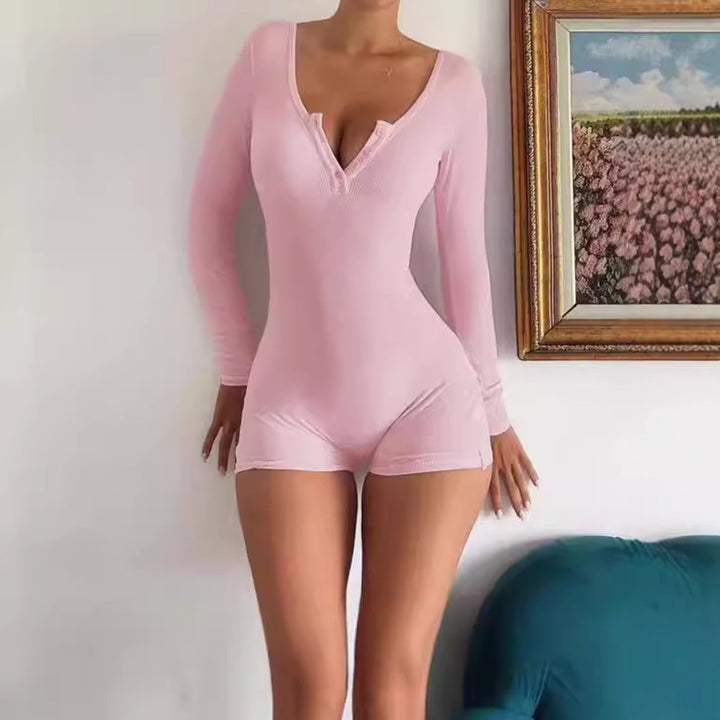 Ladies fitted body long sleeve jumpsuit with fine rib details Lune London