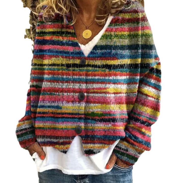 Cardigan tricoté décontracté pour femmes avec des rayures colorées et des détails de boutons Chic & Stil