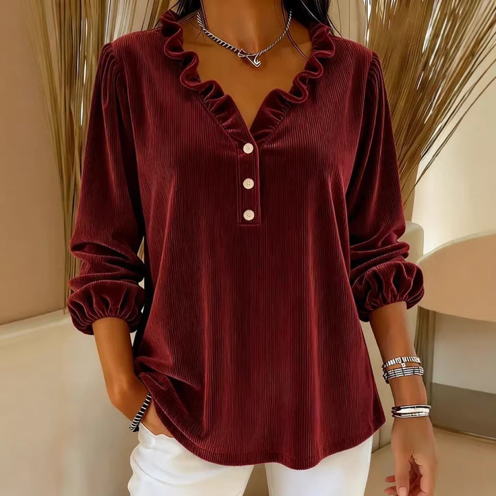 Women's ruffle blouse with button placket and 3/4 sleeves Lune London