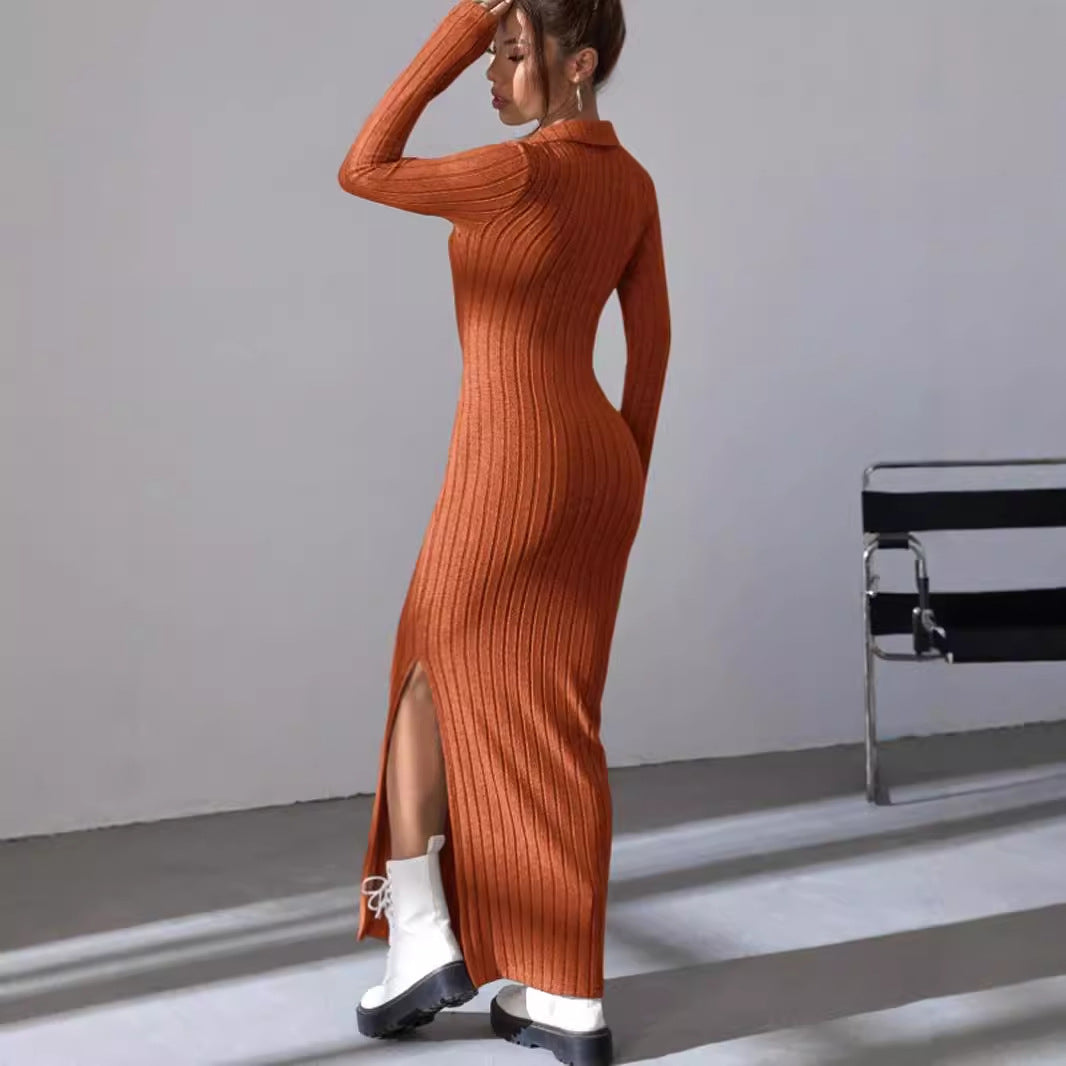 Ribbed long sleeve dress for women with slit and collar Lune London