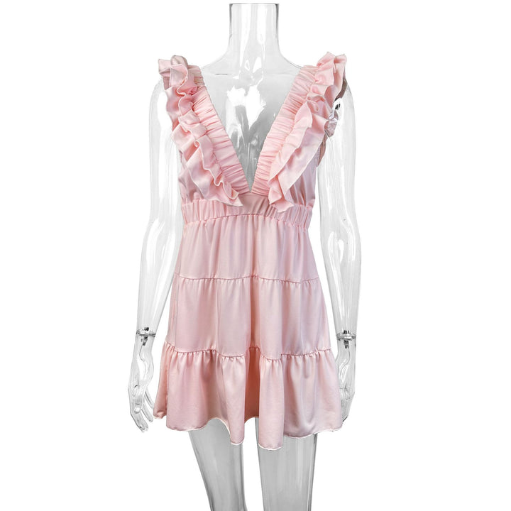 Women's playful mini dress with ruffles and deep V-neck Lune London