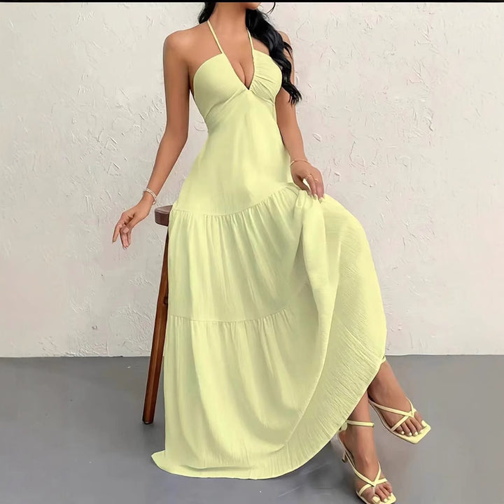 Maxi dress for women with off-shoulder design and casual ruffle details Lune London