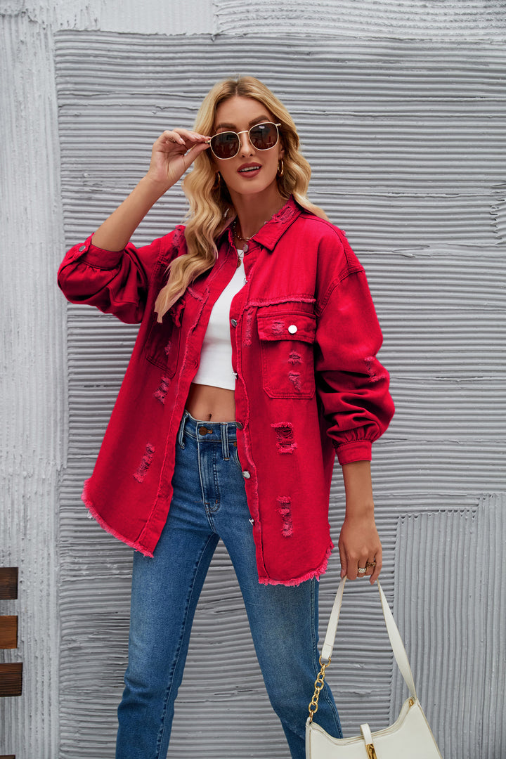 Oversized denim jacket for women with modern distressed details Lune London