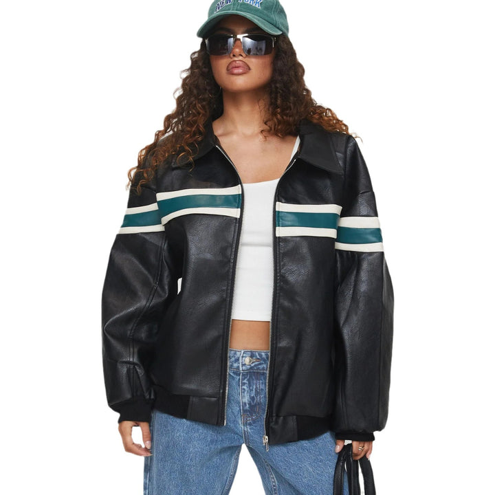 Faux leather fashion jacket for women with a sporty striped design and a relaxed fit Lune London