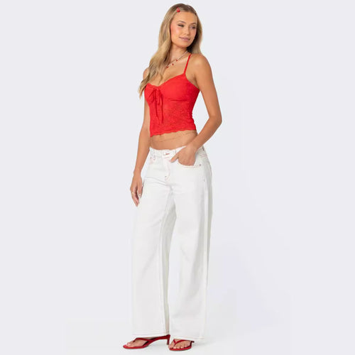 Ladies lace crop top with bow detail and adjustable straps Lune London