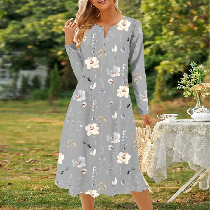 Long sleeve dress for women with a floral design and a button closure all the way down Lune London